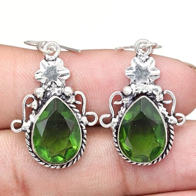 Peridot Quartz Gemstone Handmade Gift For Her Silver Jewelry Earrings 1.75" - Image 1 of 4