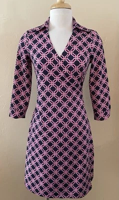 Платье Julie Brown NYC темно-синее розовое с геометрическим принтом джерси с запахом размер маленький женское - Изображение 1 из 4