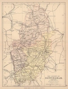 NOTTINGHAMSHIRE. County map. Railways canals. Constituencies. PHILIP 1885 - Picture 1 of 1