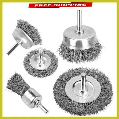 5-Piece Wire Brush Set for Drill - 0.012 Carbon Steel - Rust & Paint Cleaning - Image 1 of 4