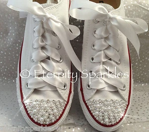 Customised White Converse Pearl And Crystal Sparkle Luxury Wedding Bridal UK 3-7 - Picture 1 of 6