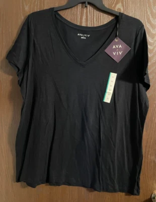 Top para mujer Ava & Viv negro manga corta cuello en V 2X - Nuevo con etiquetas Foto 1 de 2