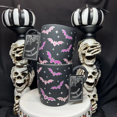  Telarañas y Calderos Halloween Tacto Suave Negro - Rosa y Plata Borde Murciélago Taza Foto 1 de 4