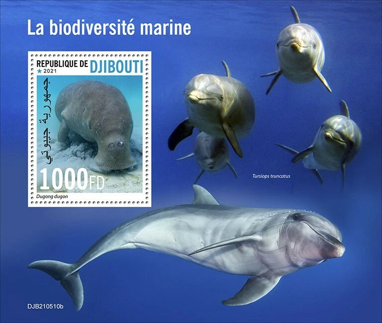 Djibouti 2021 MNH Marine Animals Stamps Biodiversity Dugong Dolphins 1v S/S - Image 1 of 1