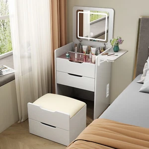 Compact Makeup Vanity Desk LED Mirror Stool 3 Drawers Bedside Dressing Table New - Picture 1 of 11