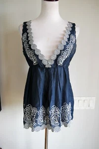 Cacharel Blue Silk Blend Embroidered BabyDoll Sleeveless Top Size 2 - Picture 1 of 4