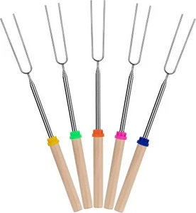 5 Pack Extendable Wood Stainless Steel Home Barbecue Campfires Roasting Sticks - Picture 1 of 6