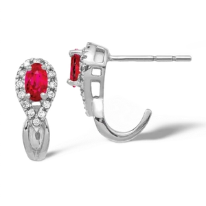 14K Solid White Gold Diamond Ruby Dangle Earrings - Picture 1 of 4
