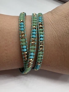 Stella & Dot Bracelet Sierra Leather Stone and Beads Triple Wrap Adjustable Blue - Picture 1 of 8