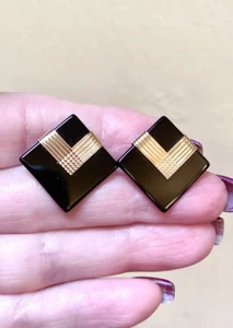 Lovely Vintage Designer Signed 14 Kt. Yellow Gold & Onyx Large Stud Earrings - Picture 1 of 12