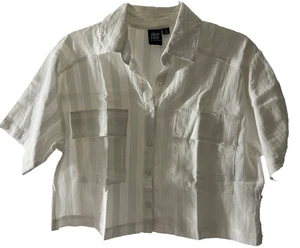 Dizzy Lizzy Women Shirt Sm White Cotton Button Oversize Cropped S-Sleeve Pockets - Picture 1 of 11