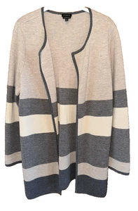 TALBOTS Women's Sz large  Thick Merino Wool Open Cardigan Sweater gray Striped - Picture 1 of 6