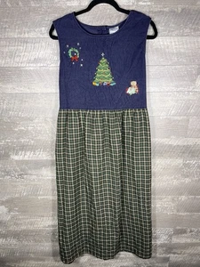 VTG Corduroy Tartan Plaid Christmas Embroidered Jumper Dress Sz 18/20 Holiday - Picture 1 of 22
