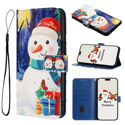 Case For iphone Samsung Christmas Flip Snowman Leather Card Slot Wallet Covers - Image 1 of 4