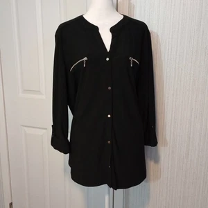 New Directions Curvy Women's Size 2X Jersey Button Up Roll Tab V-Neck Preppy LNC - Picture 1 of 13