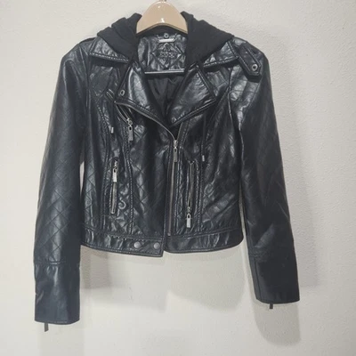 JouJou Women’s Black Faux Leather Quilted Moto Crop Jacket Size Small Y2K Grunge - Image 1 of 4