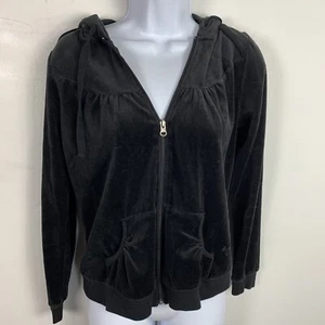 Route 66 Juniors Hooded Sweatshirt Sz  M Black Velour Zip Front Athleisure  - Picture 1 of 15