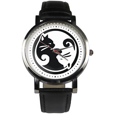 Ying Yang cats wristwatch. Black or brown strap