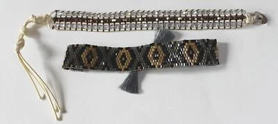 2 Adjustable Beaded String Bracelets Black Gold Gray & Crystal & Topaz - Image 1 of 3