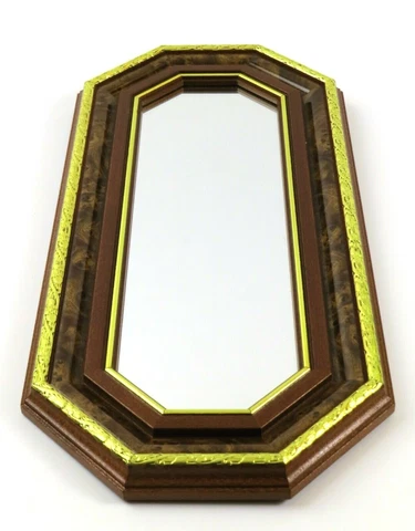 Vintage Faux Burl Wood & Gold Plastic Framed Mirror, 18 1/2” x 8 1/2” Cover