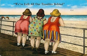 Postal de cómic Left All Our Troubles Behind de Wordplay vintage Fat Happy sin usar - Imagen 1 de 2