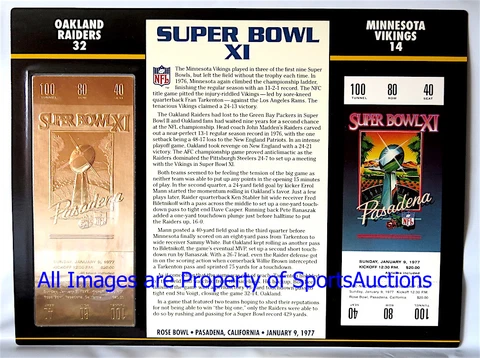 SUPER BOWL 11 OAKLAND RAIDERS vs VIKINGS Willabee & Ward 22KT GOLD TICKET  SB XI Cover