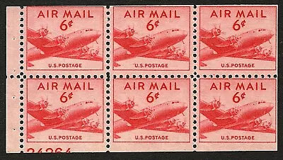U.S. C39a MNH Booklet Pane 6 with 50% PL# 24264 Wet Printing - Image 1 of 3