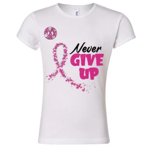 🔥 Never Give Up Breast Cancer Awareness Youth Girls T shirt Pink ribbon October - Picture 1 of 7