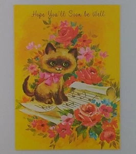 Vintage Get Well Card, 'Hope You'll Soon Be Well' Cat, Flowers, Music - NOS - Bild 1 von 3