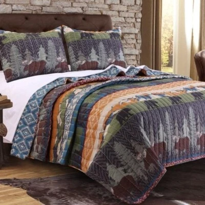 Twin Full Queen King Bed Blue Green Bear Pine Lodge Cabin 3pc Quilt Set Coverlet - Image 1 of 2