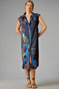 New Anthropologie The Lillian Cap-Sleeve Button-Front Midi Dress by Maeve Navy L - Picture 1 of 7
