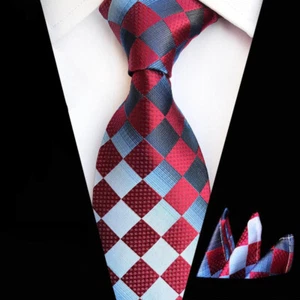 Tie Pocket Square Set Blue Silver Red Check Grid Handmade Mens Wedding Formal - Picture 1 of 5