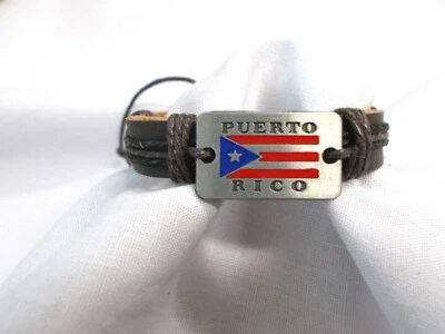 Puerto Rico Brown Leather and Metal Flag Heritage Black and Brown Cord Bracelet - Image 1 of 3