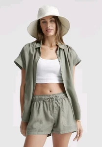 Quince Vintage Wash Tencel Camp Shirt Button Front Top Large Olive - Picture 1 of 13