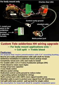 Body Mount Tele Solderless Wiring Upgrade +LONG shaft pots /Coil Split /Treb bld - Picture 1 of 11