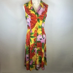Vintage 90s Whimsy Tropical Shirt Dress Bold Floral Print Sleeveless Midi UK 10 - Picture 1 of 8