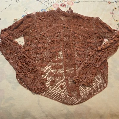 Victorian Hand Crocheted Shirt-Waist Sz. Sm. Long Sleeve High Collar Flowers - Image 1 of 4