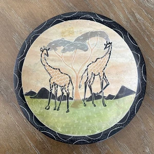 African Hand Carved Soapstone Giraffes Dusk Bowl 8" The Living Dessert Kenya - Picture 1 of 11