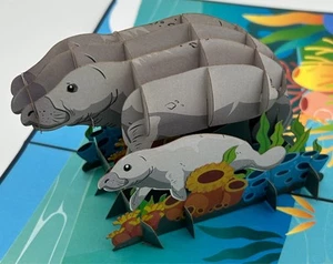 Manatee 3D Pop Up Card Sea Cow Ocean Creature Mammal Mother and Baby - Picture 1 of 4