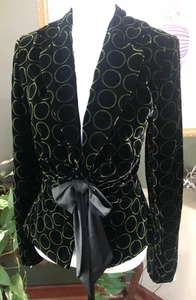 Kay Unger Black W/Green Circles Silk Velvet Blazer Jacket Silk Bow 6/8? 40" Bust - Picture 1 of 6