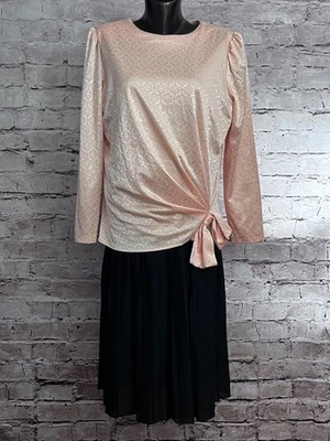 Riccardo Vintage 80s Satin Pleated Longsleeve Blouson Twofer Dress 10 Pink Black - Image 1 of 4