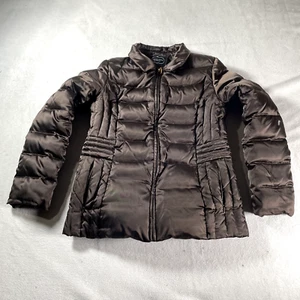 Down Jacket Womens Medium Brown Puffer Feathers Zip Up Coat Outdoor Bubble Warm - Picture 1 of 19