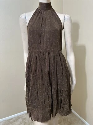 Vestido midi para mujer marrón poliéster cóctel en capas plisado atado abierto talla L Foto 1 de 4