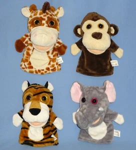 Plush Hand puppets-Giraffe-Monkey/Chimpanzee-Tiger-Elephant-jungle animal-LOT-4 - Picture 1 of 12