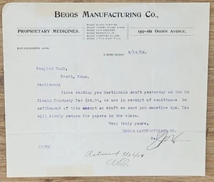 1908 Briefpapier Chicago Illinois Beggs Manufacturing Co Proprietary Medicine - Bild 1 von 1
