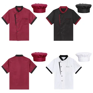 Women Men Chef Coat with Hat Set Restaurant Work Uniform Short Sleeve Jacket - Picture 1 of 41