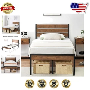 Rustic Twin Size Platform Bed Frame - Vintage Headboard, No Box Spring Needed - Picture 1 of 9