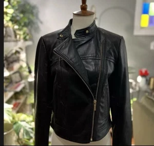 $390 Michael Kors Women's Black Lambskin Leather Front-Zip Moto Jacket Size S - Picture 1 of 2