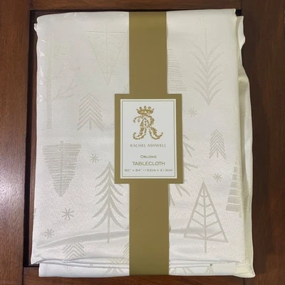 Rachel Ashwell 60 X 84" Oblong Tablecloth Christmas Cream White Tree Gold Thread - Image 1 of 4
