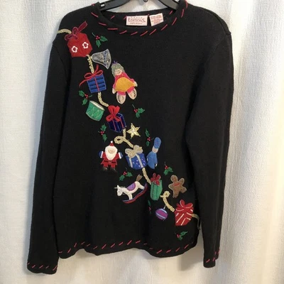 复古基本版假日圣诞毛衣刺绣黑色特大号 — 第 1/4 张图片